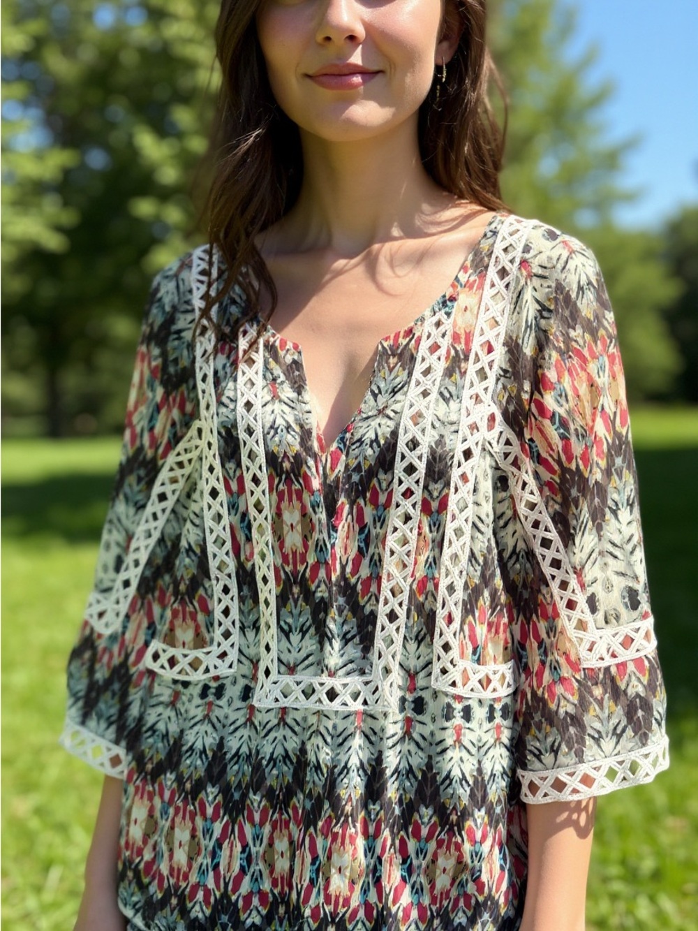 Daniel Rainn Multicolor Ikat Lace-Trim Peasant Tunic - Cream, Black, Pink